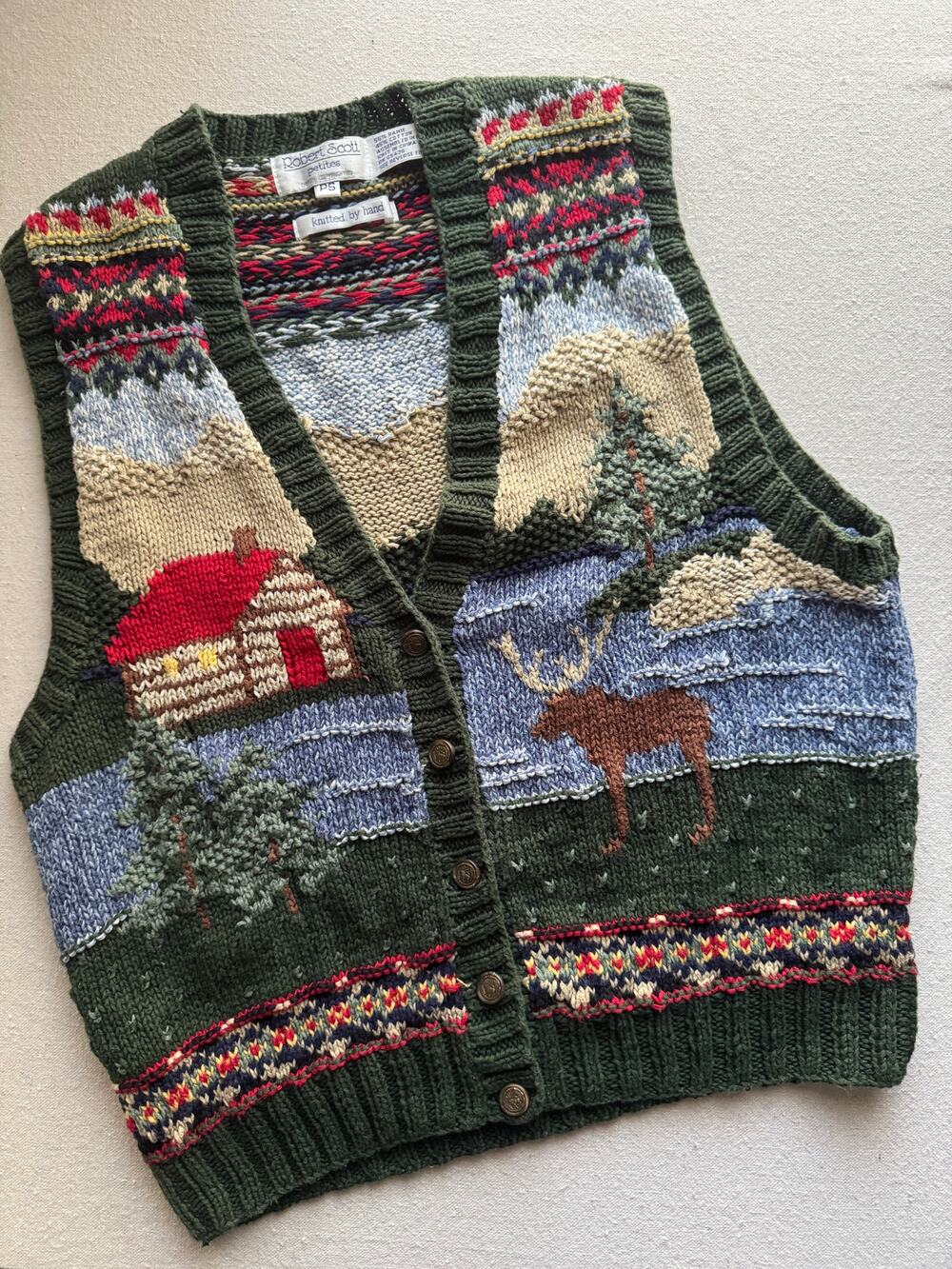 VINTAGE Robert Scott hand knit sweater vest cozy mtn scene